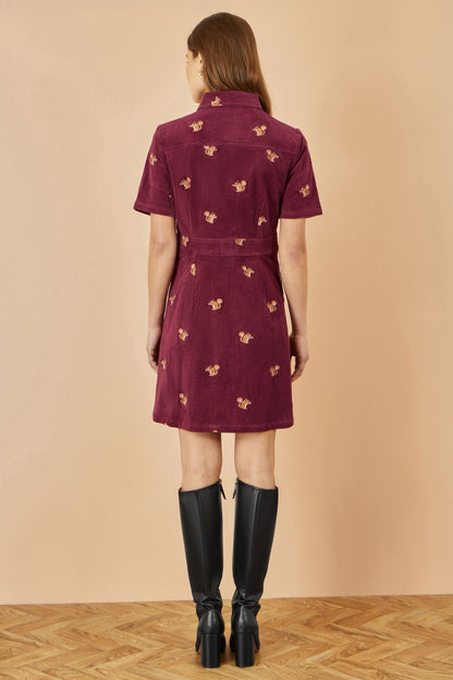 Burgundy Cord Shirt Dress With All Over Squirrel Embroidery