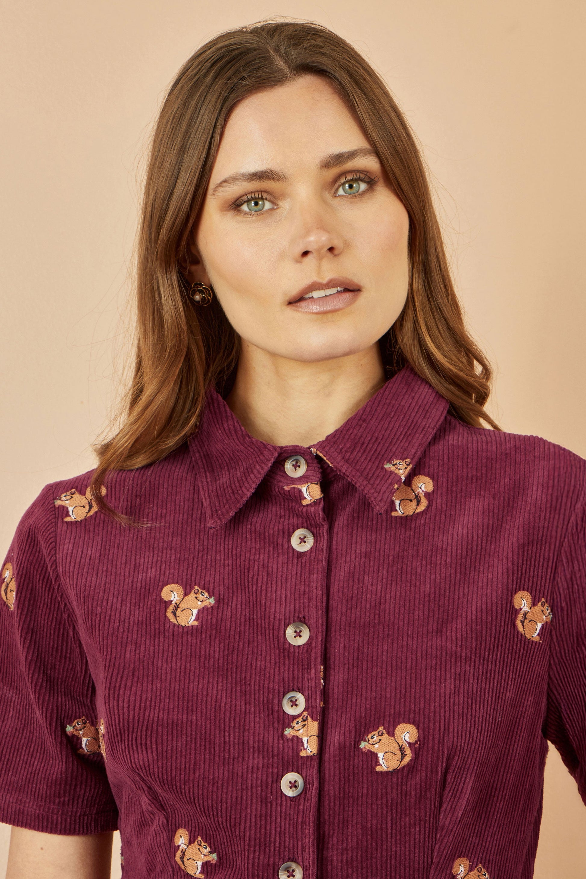 Burgundy Cord Shirt Dress With All Over Squirrel Embroidery