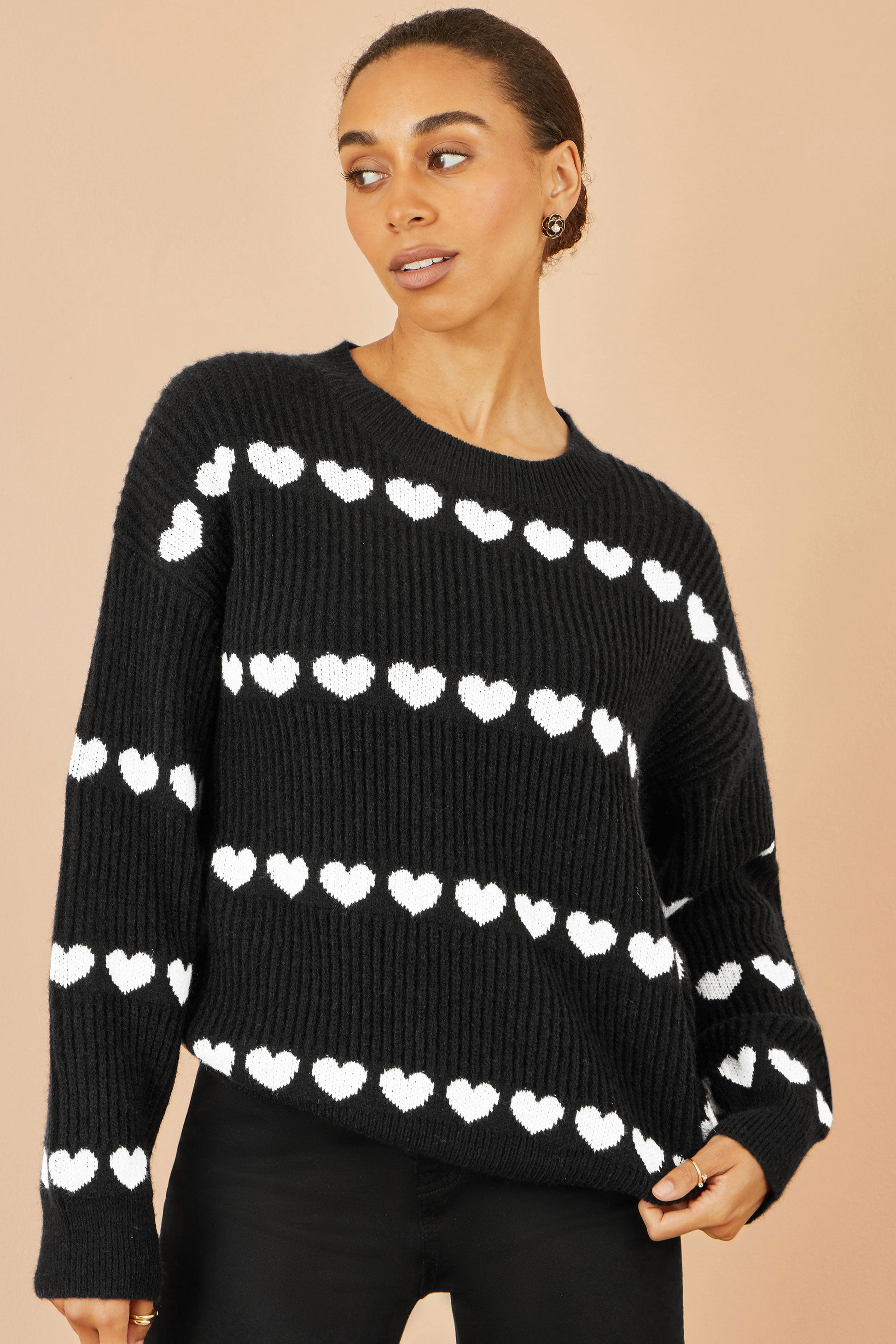 Black Knitted Jumper With Heart Stripes