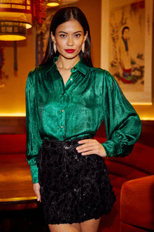 Green Metallic Relaxed Balloon Sleeve Shirt