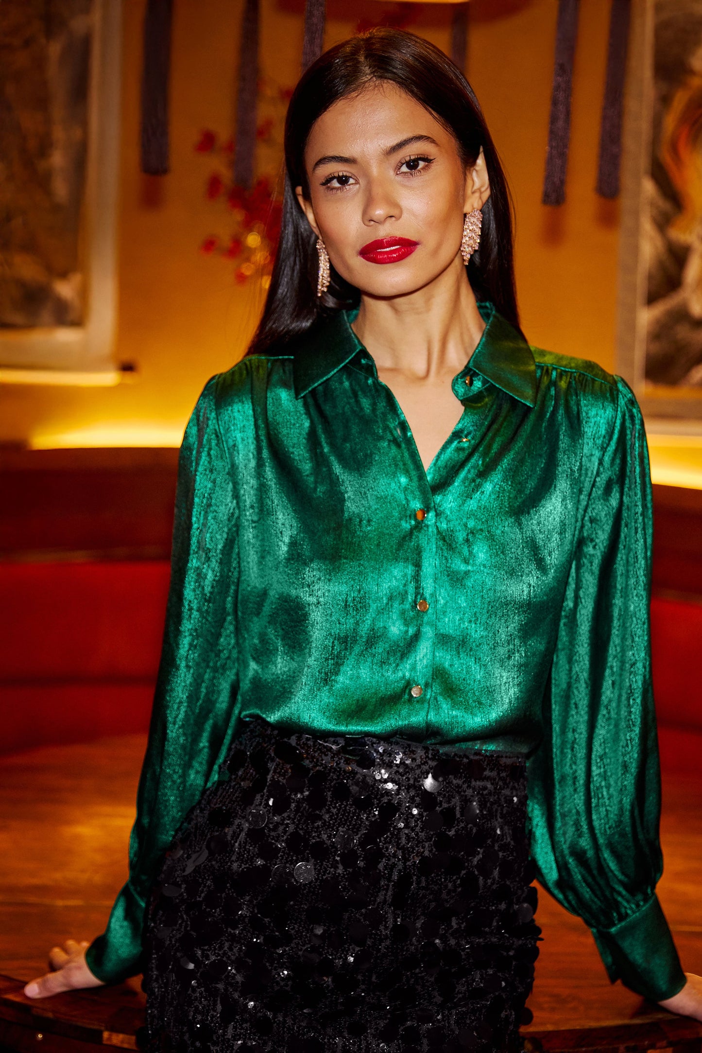 Green Metallic Relaxed Balloon Sleeve Shirt