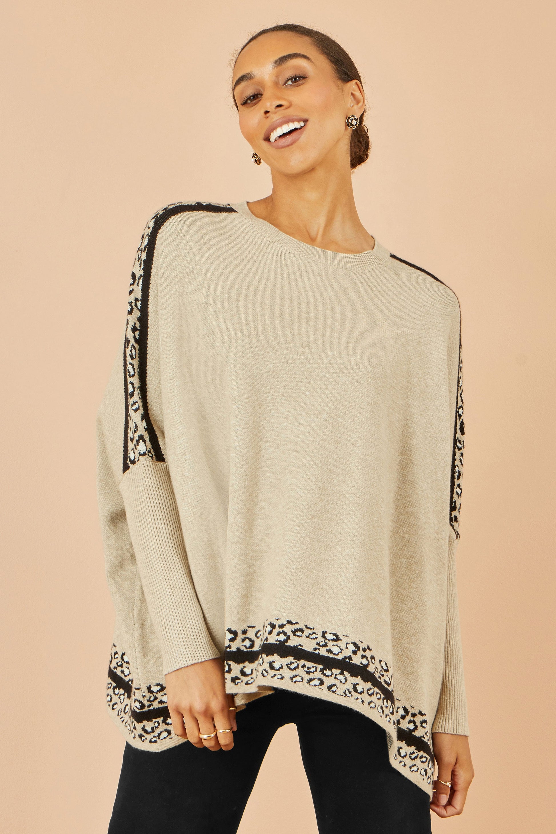 Oatmeal Leopard Print Border Relaxed Fit Jumper