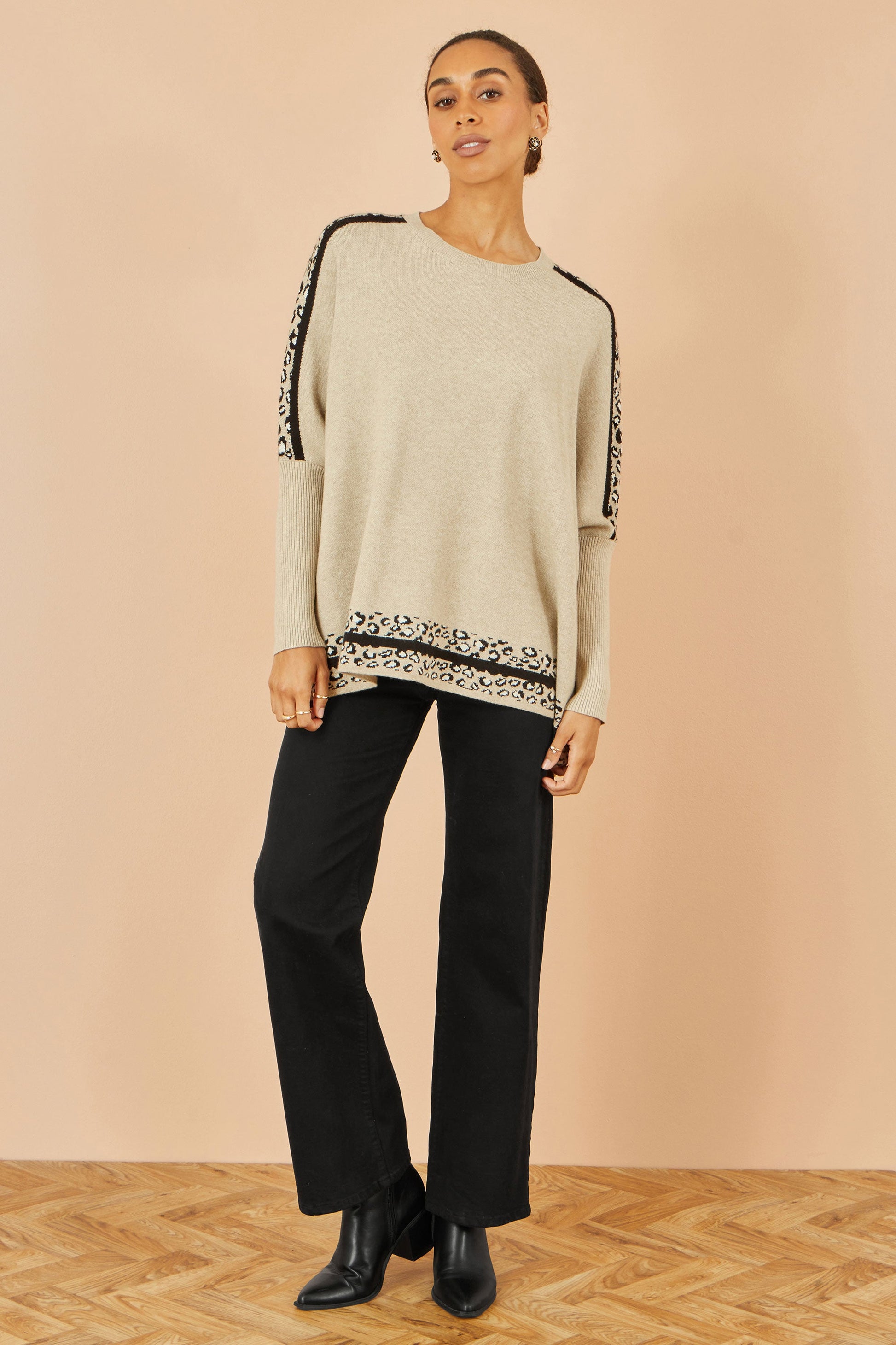 Oatmeal Leopard Print Border Relaxed Fit Jumper