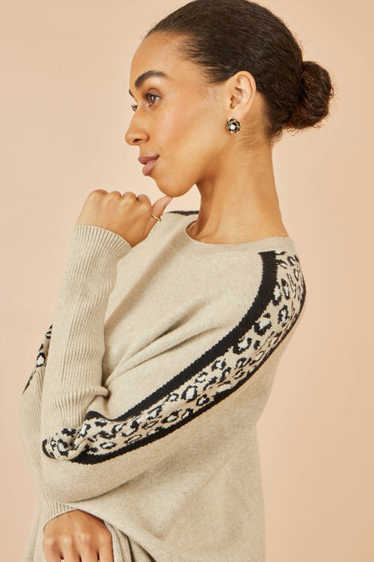 Oatmeal Leopard Print Border Relaxed Fit Jumper