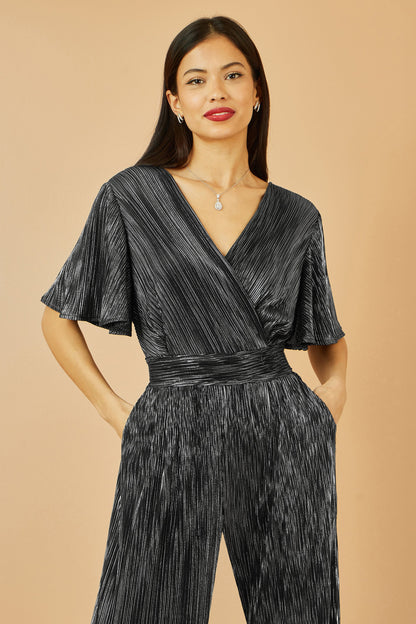 Black Metallic Pleated Jumpsuit With V Neck