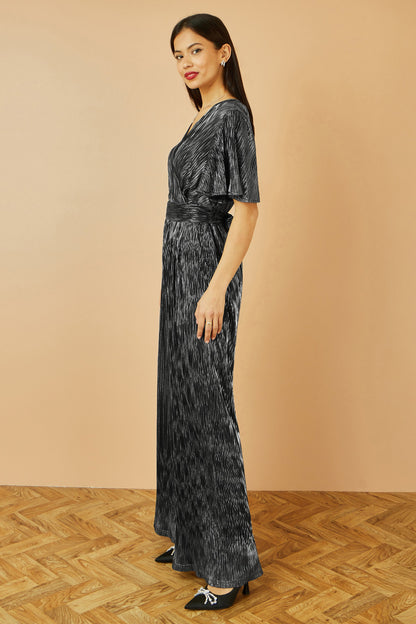 Black Metallic Pleated Jumpsuit With V Neck