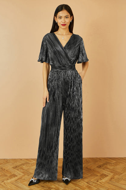 Black Metallic Pleated Jumpsuit With V Neck