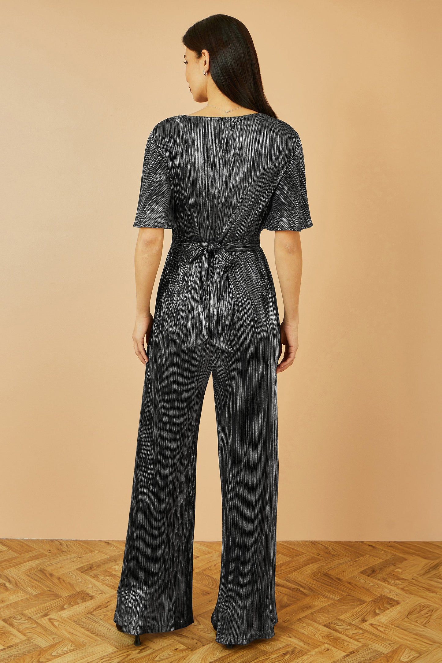 Black Metallic Pleated Jumpsuit With V Neck