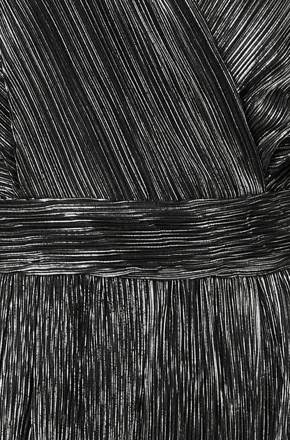 Black Metallic Pleated Jumpsuit With V Neck