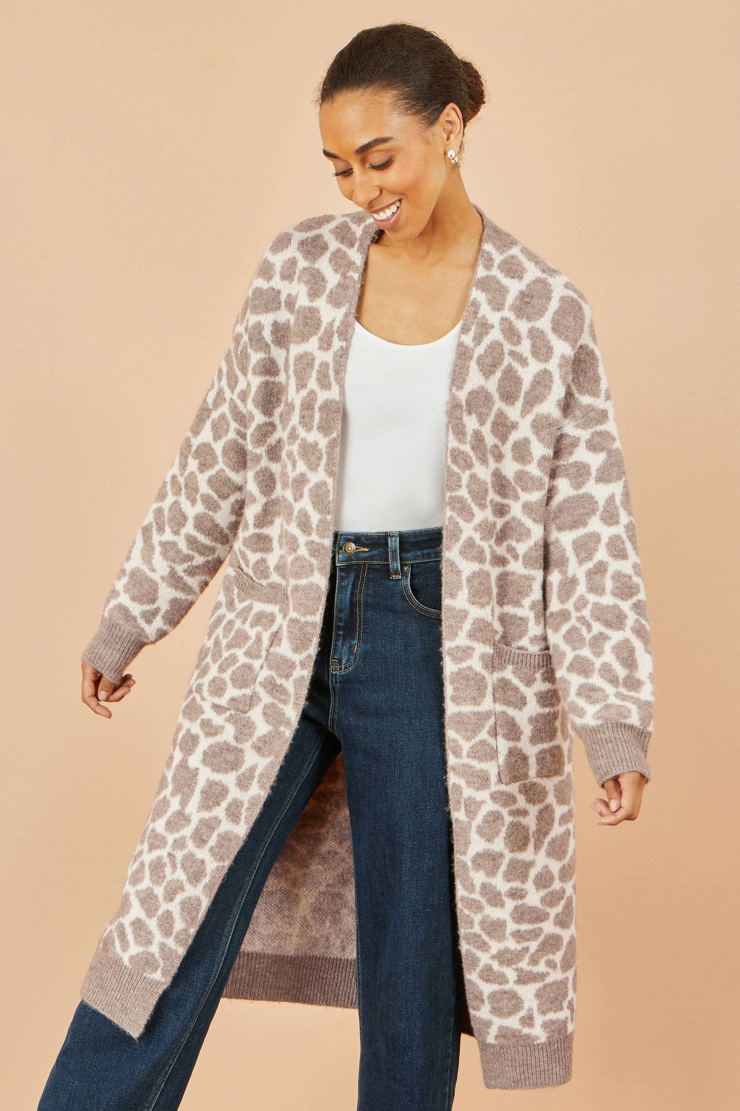 Beige Animal Print Intarsia Long Cardigan