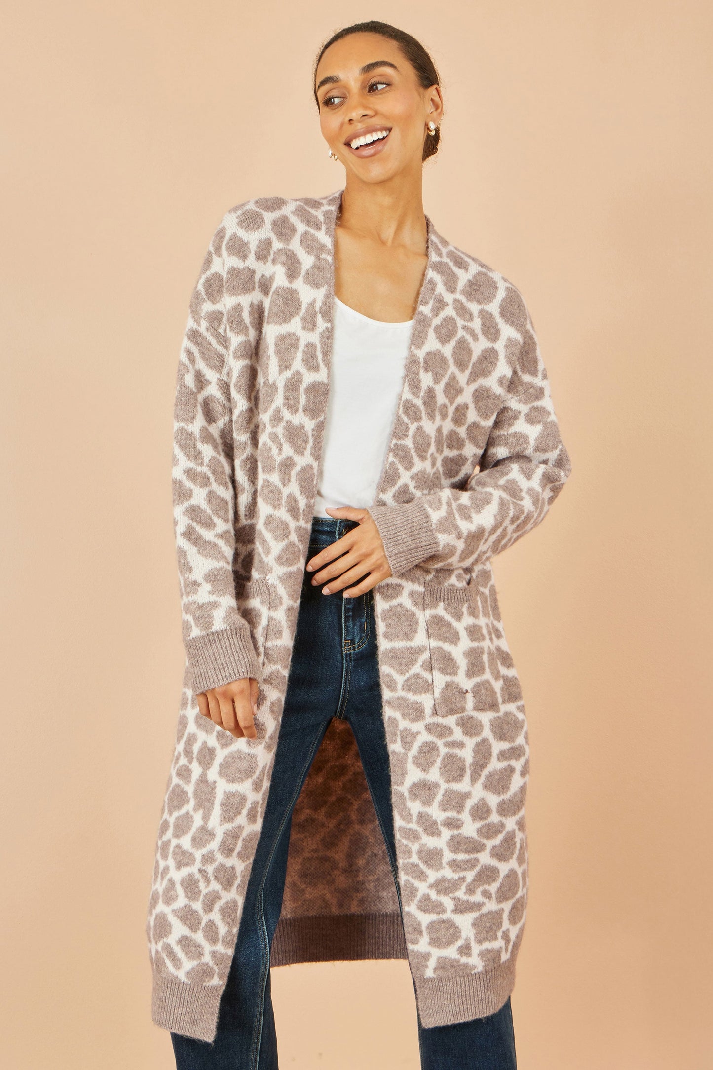 Beige Animal Print Intarsia Long Cardigan