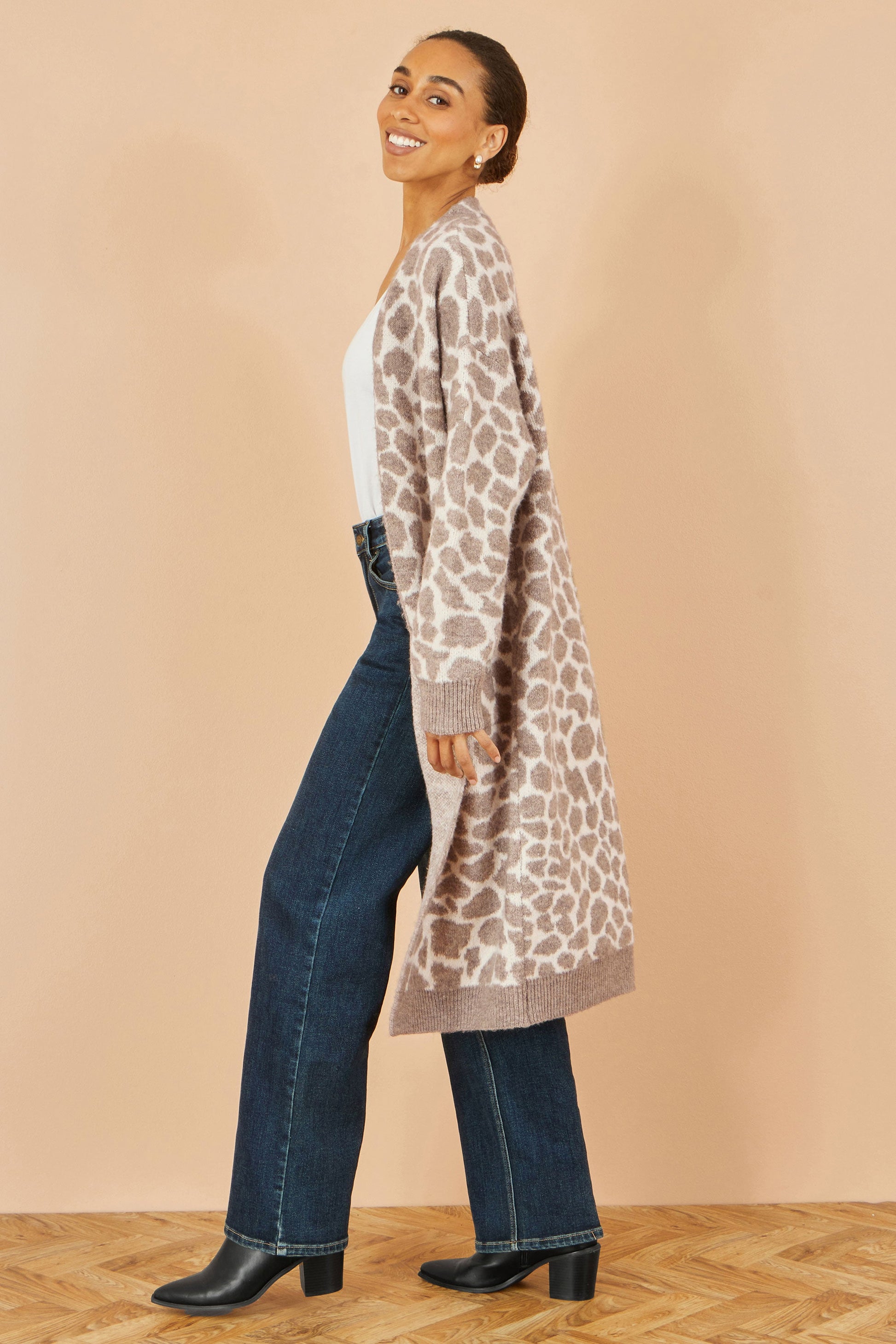 Beige Animal Print Intarsia Long Cardigan