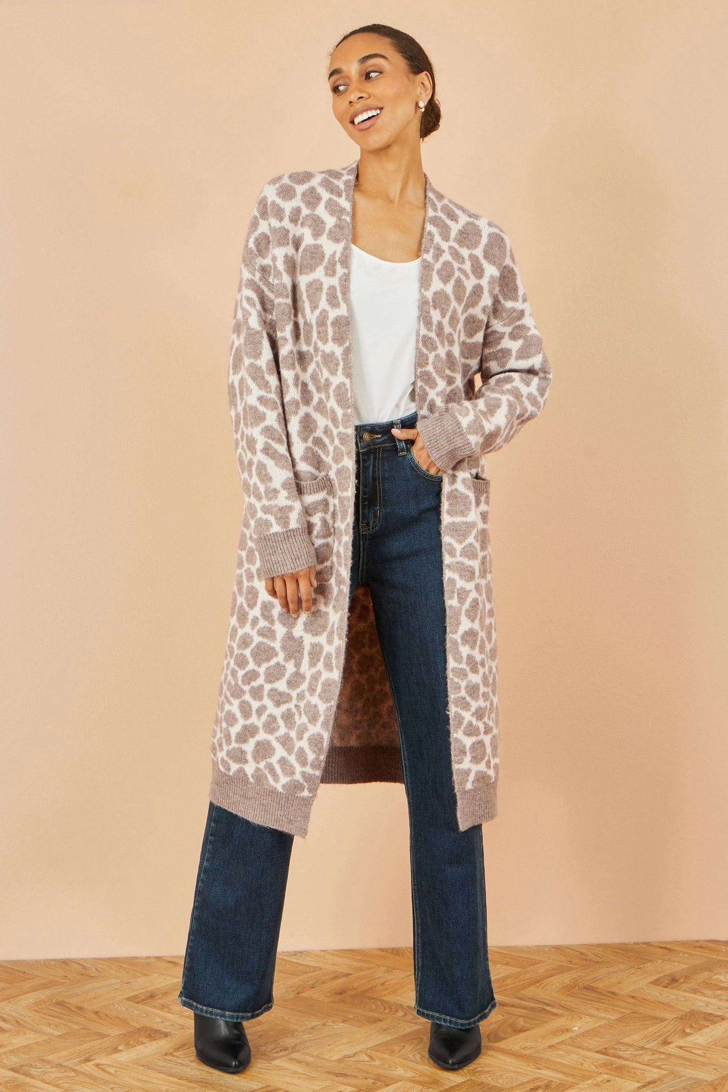 Beige Animal Print Intarsia Long Cardigan