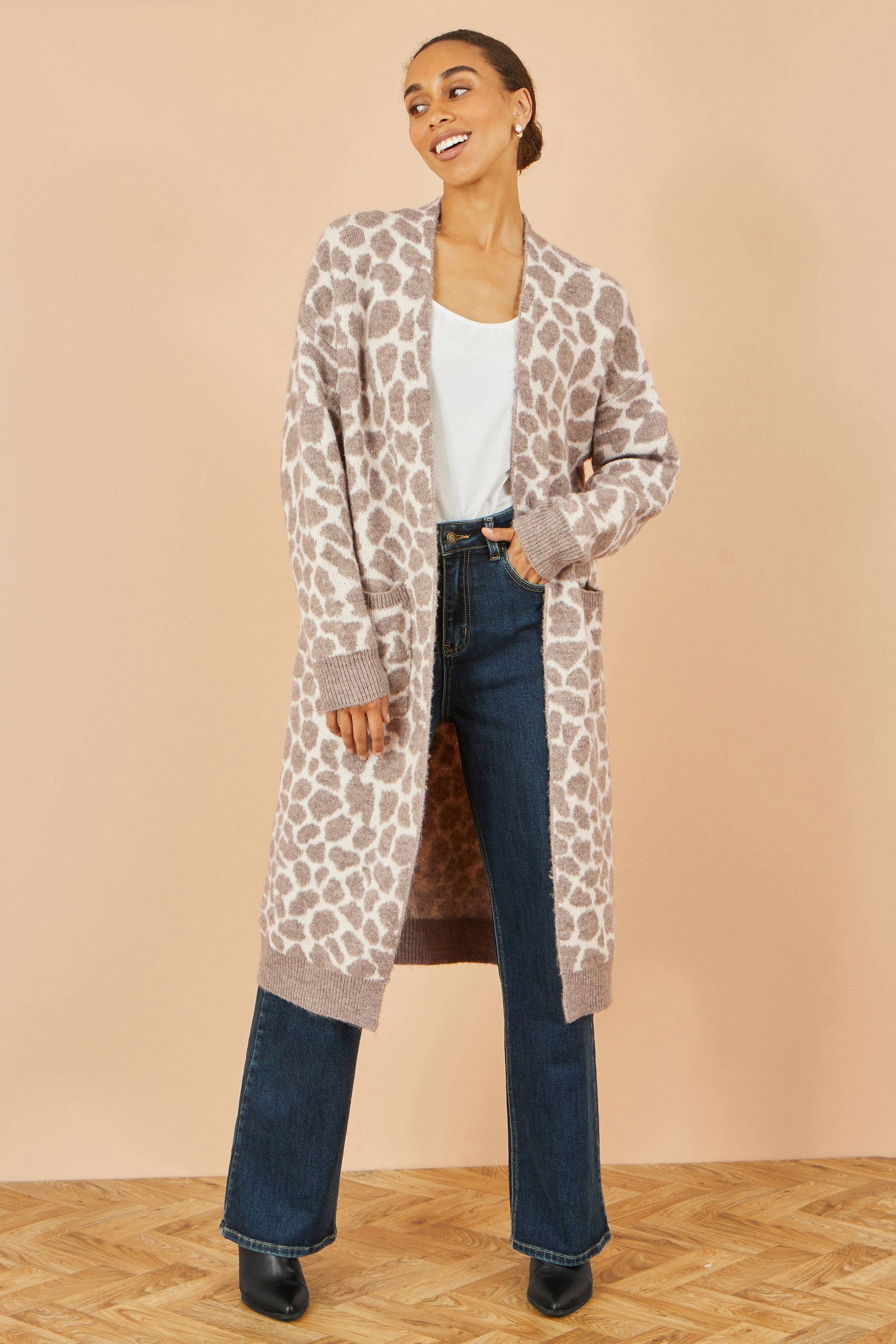 Beige Animal Print Intarsia Long Cardigan