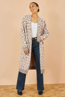 Beige Animal Print Intarsia Long Cardigan