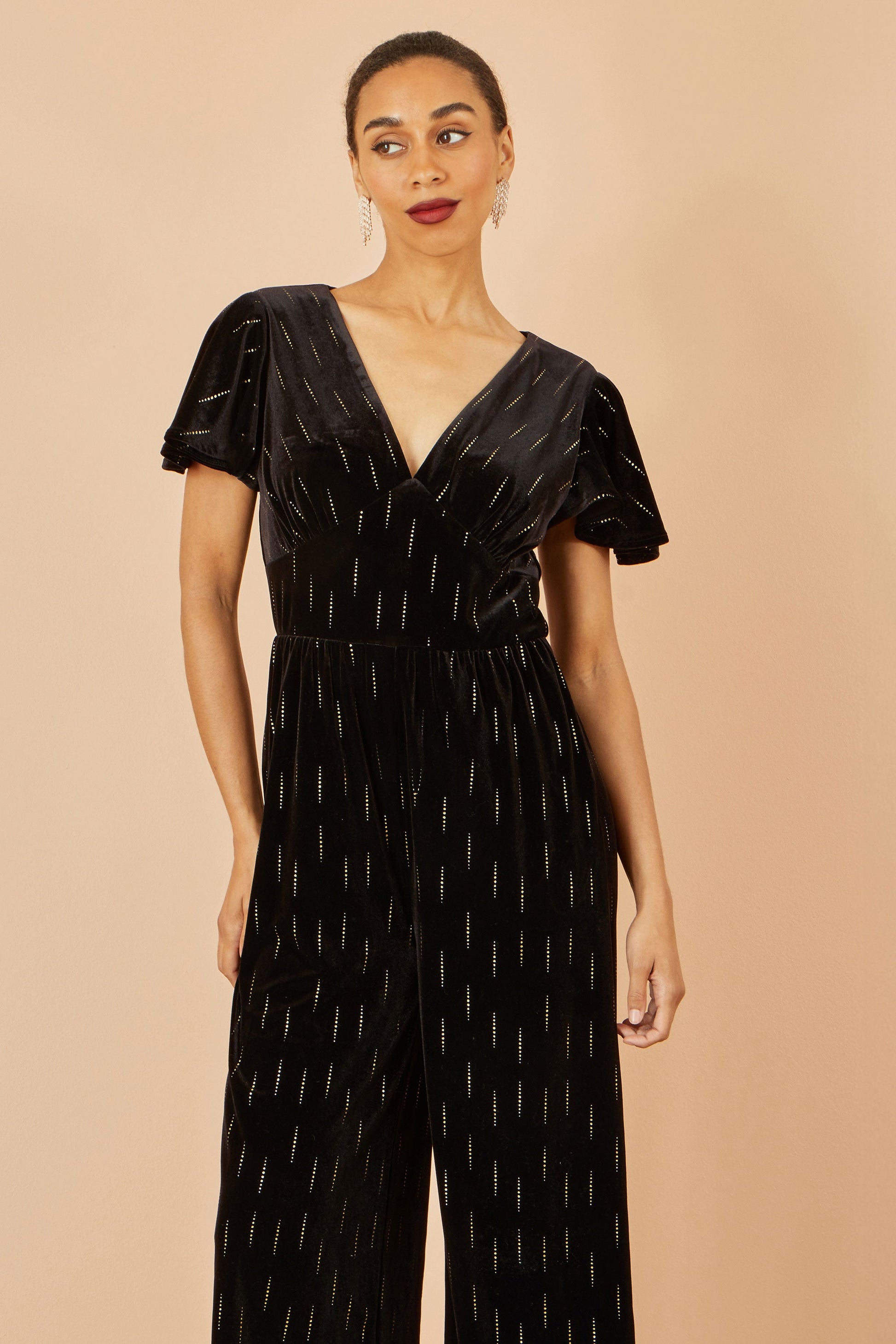 Black Foil Print Velvet Jumpsuit