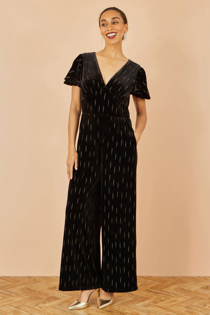 Black Foil Print Velvet Jumpsuit