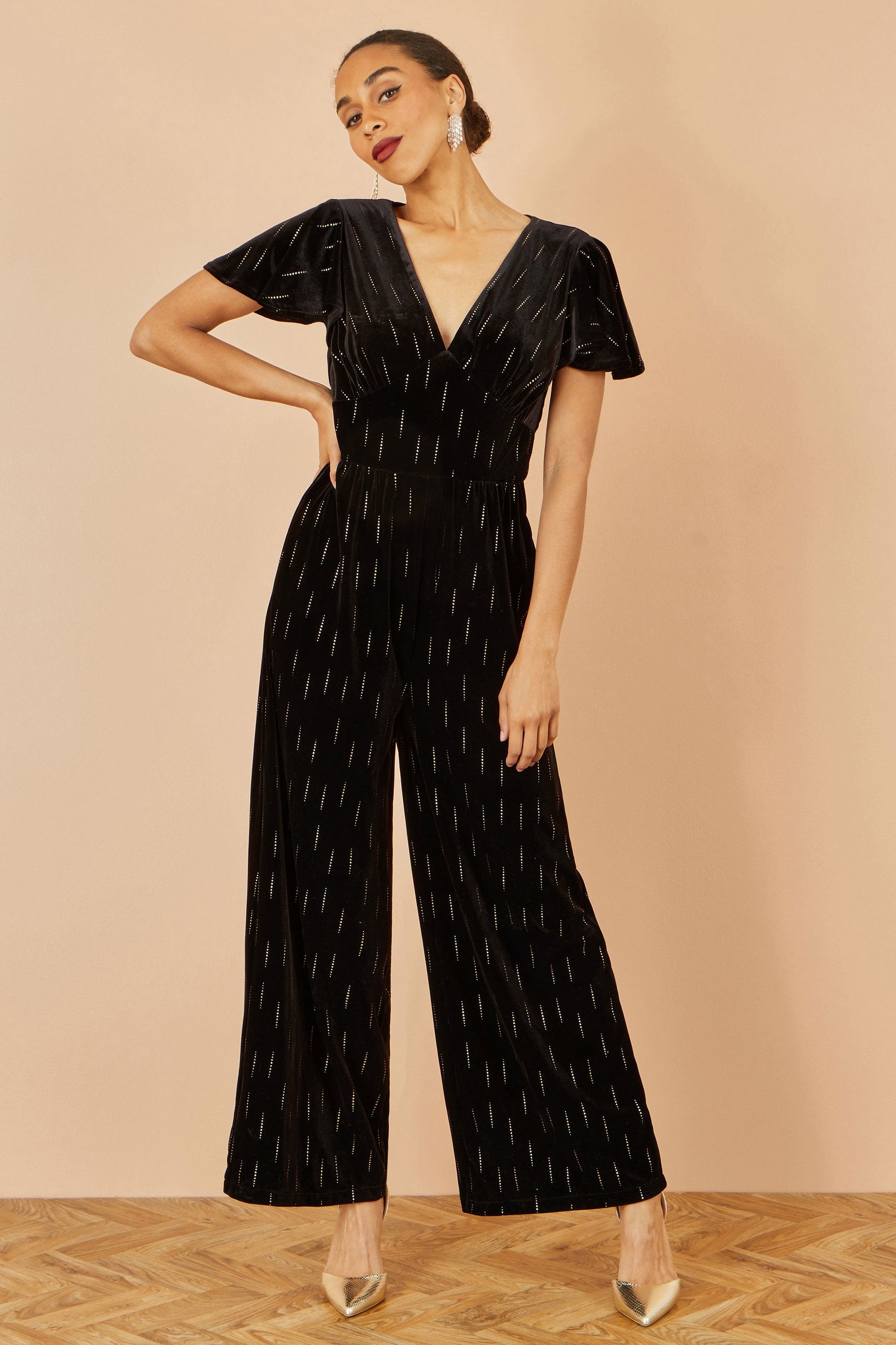 Black Foil Print Velvet Jumpsuit