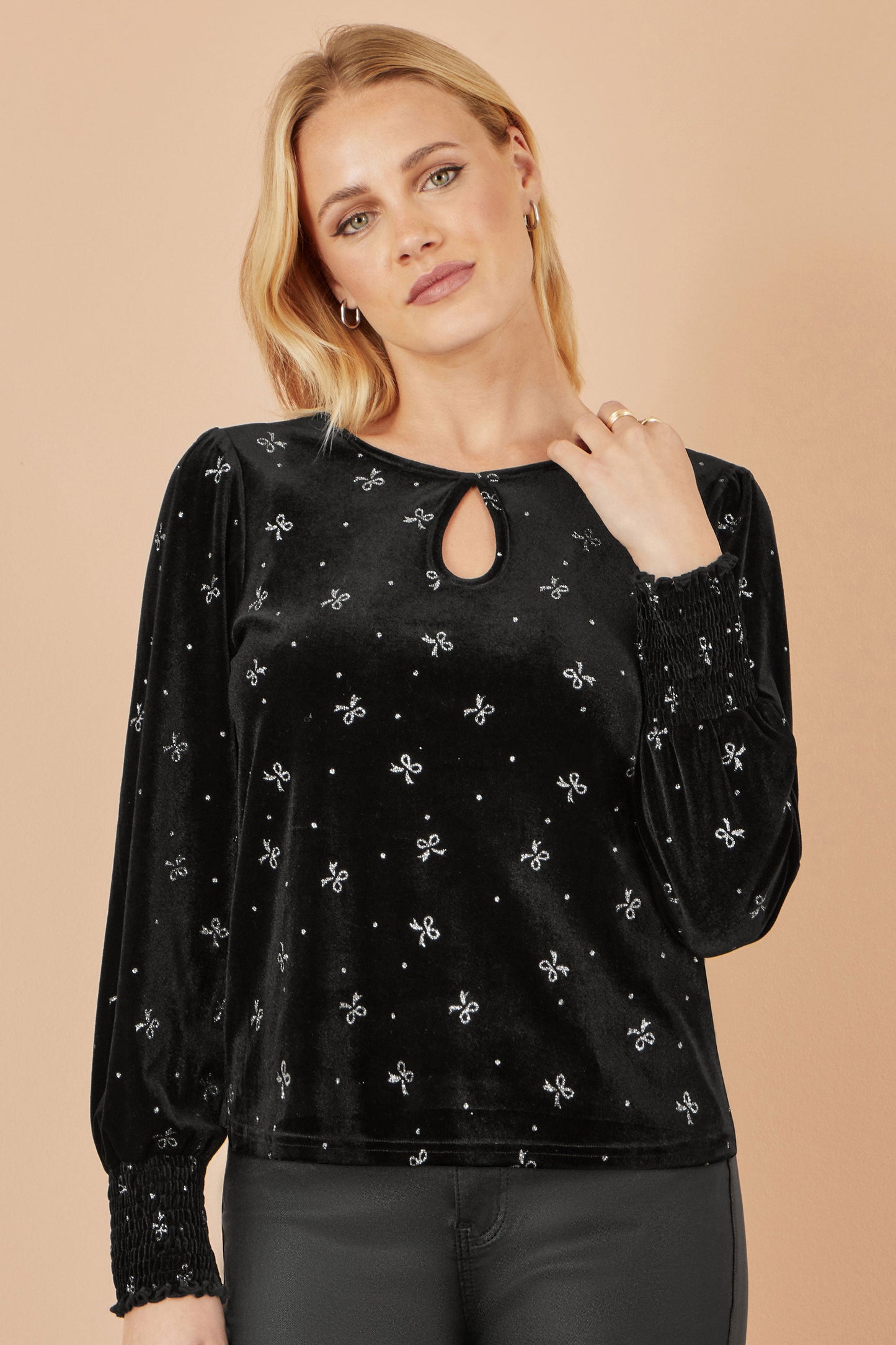 Black Sparkle Bow Print Velvet Top