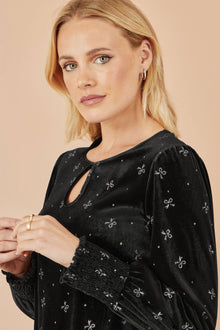 Black Sparkle Bow Print Velvet Top