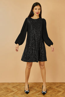 Black Velvet Sequin Tunic With Long Pleated Sleeves