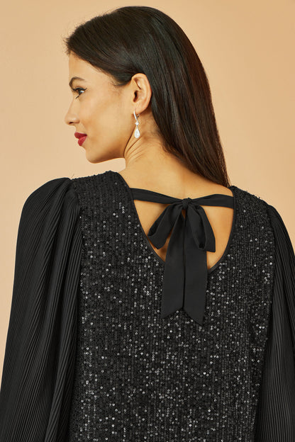 Black Velvet Sequin Tunic With Long Pleated Sleeves