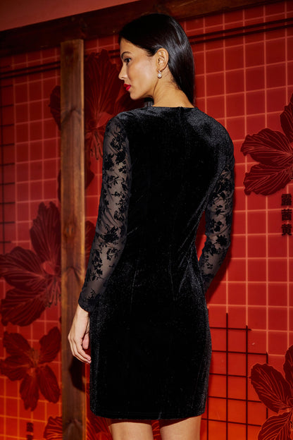 Black Fitted Velvet Dress With Sheer Floral Sleeves