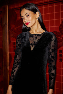 Black Fitted Velvet Dress With Sheer Floral Sleeves