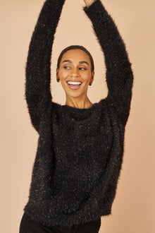 Black Metallic Fluffy Eyelash Relaxed Jumper