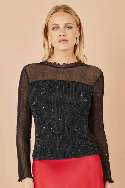 Black Sparkle Print Mesh Stretch Fitted Top