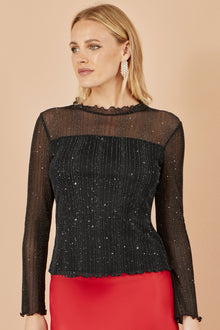 Black Sparkle Print Mesh Stretch Fitted Top