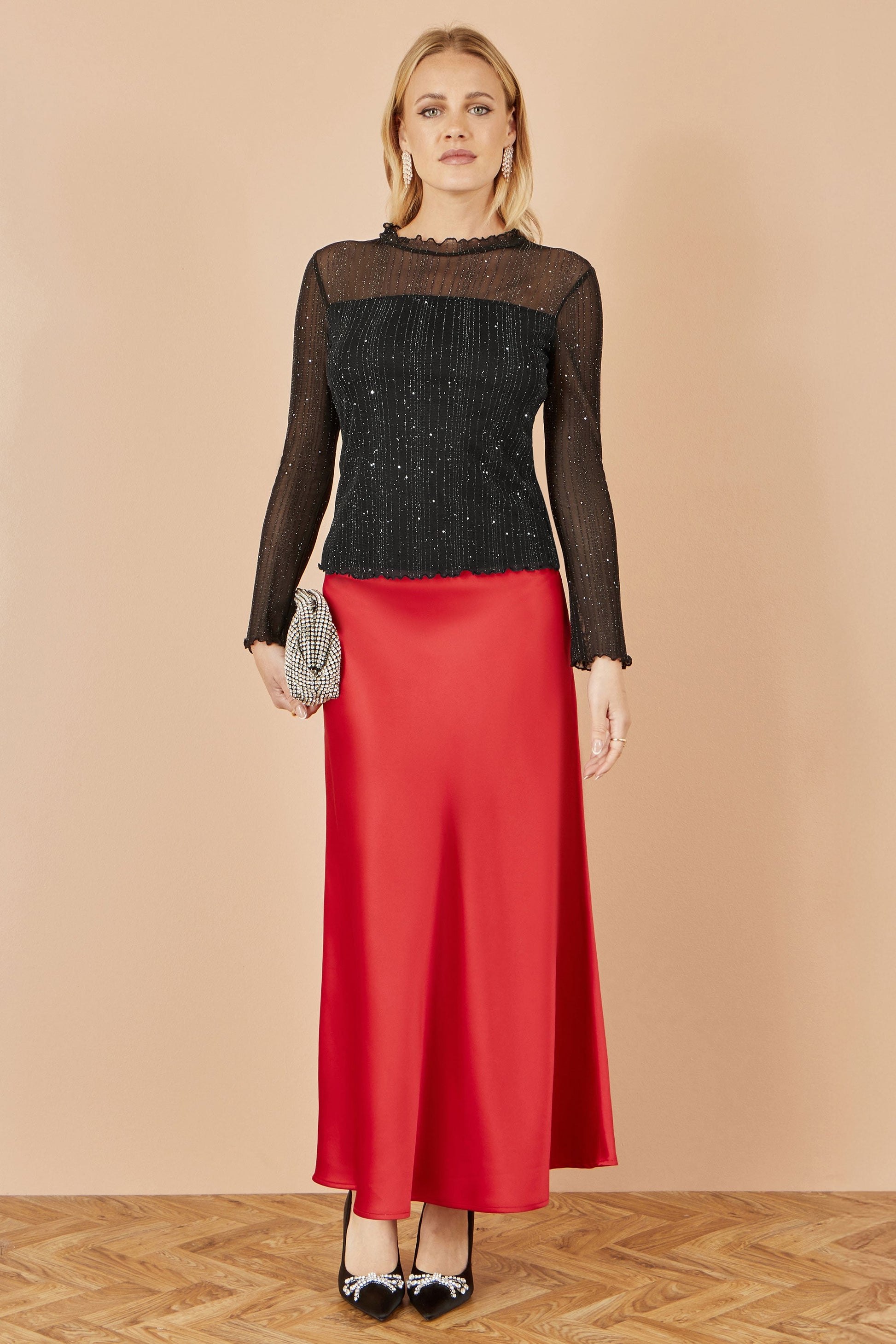 Black Sparkle Print Mesh Stretch Fitted Top