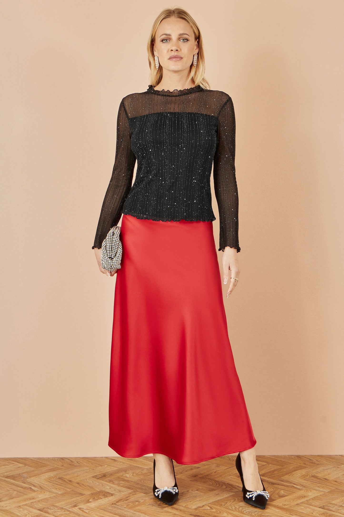 Black Sparkle Print Mesh Stretch Fitted Top