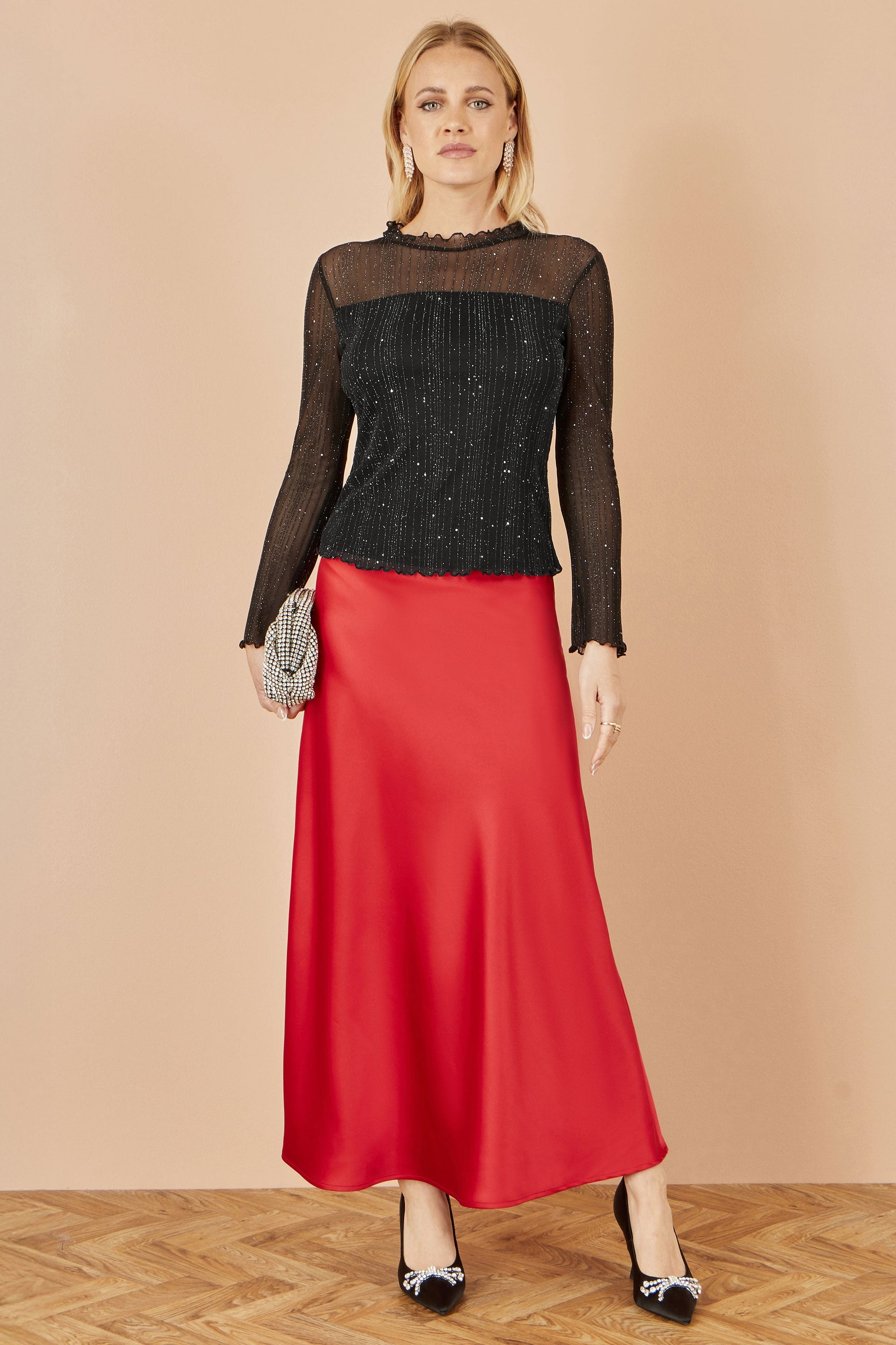 Black Sparkle Print Mesh Stretch Fitted Top