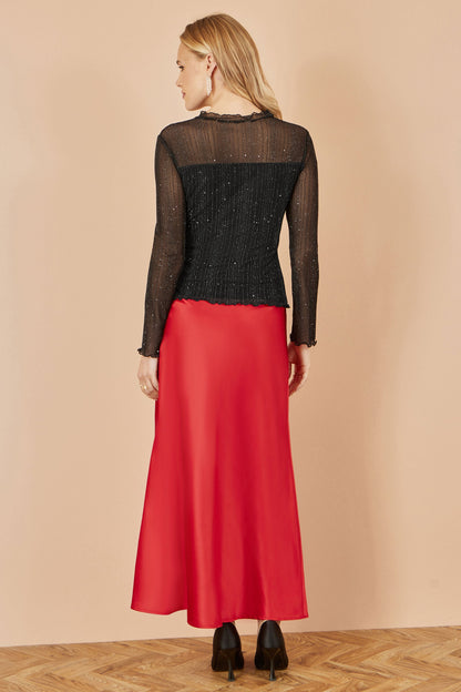 Black Sparkle Print Mesh Stretch Fitted Top