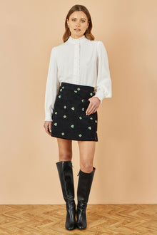 Black Flower Embroidered Cord Mini Skirt