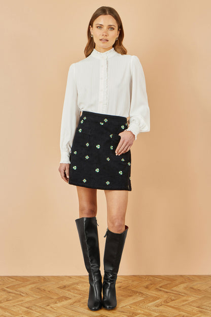 Black Flower Embroidered Cord Mini Skirt
