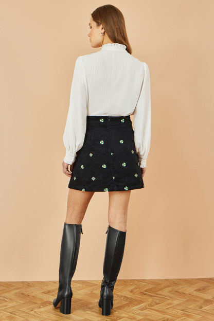 Black Flower Embroidered Cord Mini Skirt