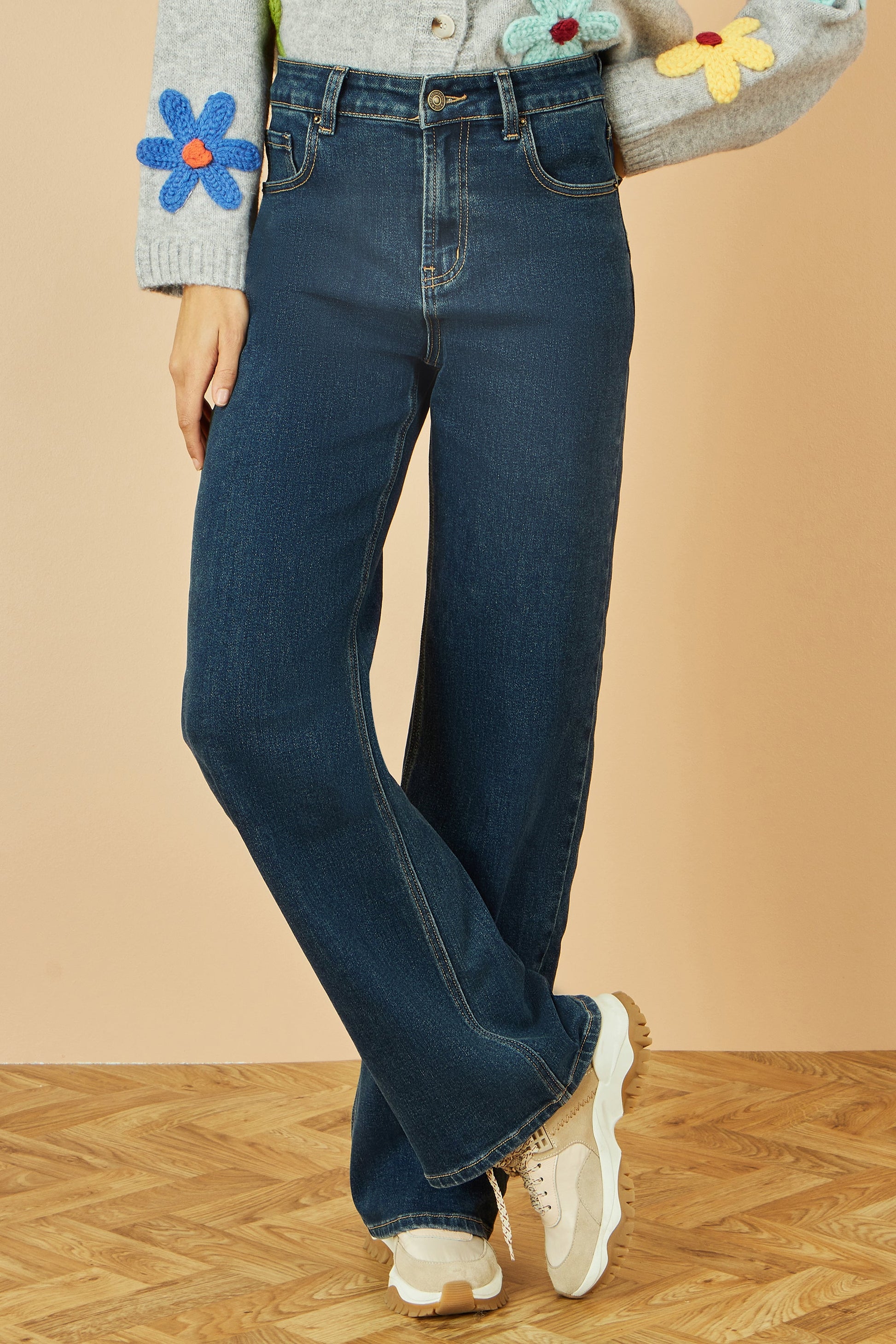 Blue Dark Wash Stretch Wide Leg Jeans