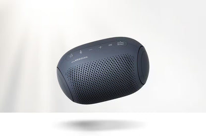 Black speaker with 'Meridian' branding on a white background