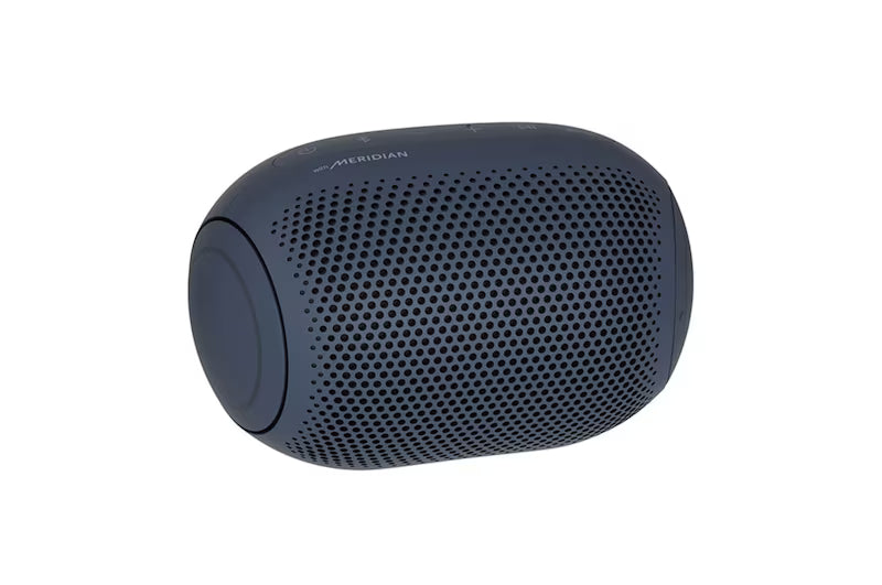 Blue cylindrical speaker with 'Meridian' branding on a white background