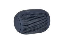 Blue cylindrical speaker with 'Meridian' branding on a white background