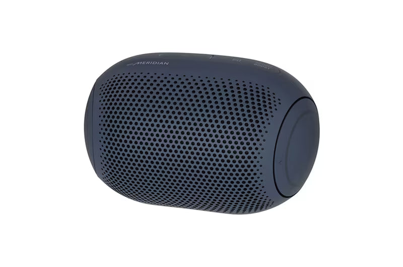 Black cylindrical speaker with 'Meridian' branding on a white background