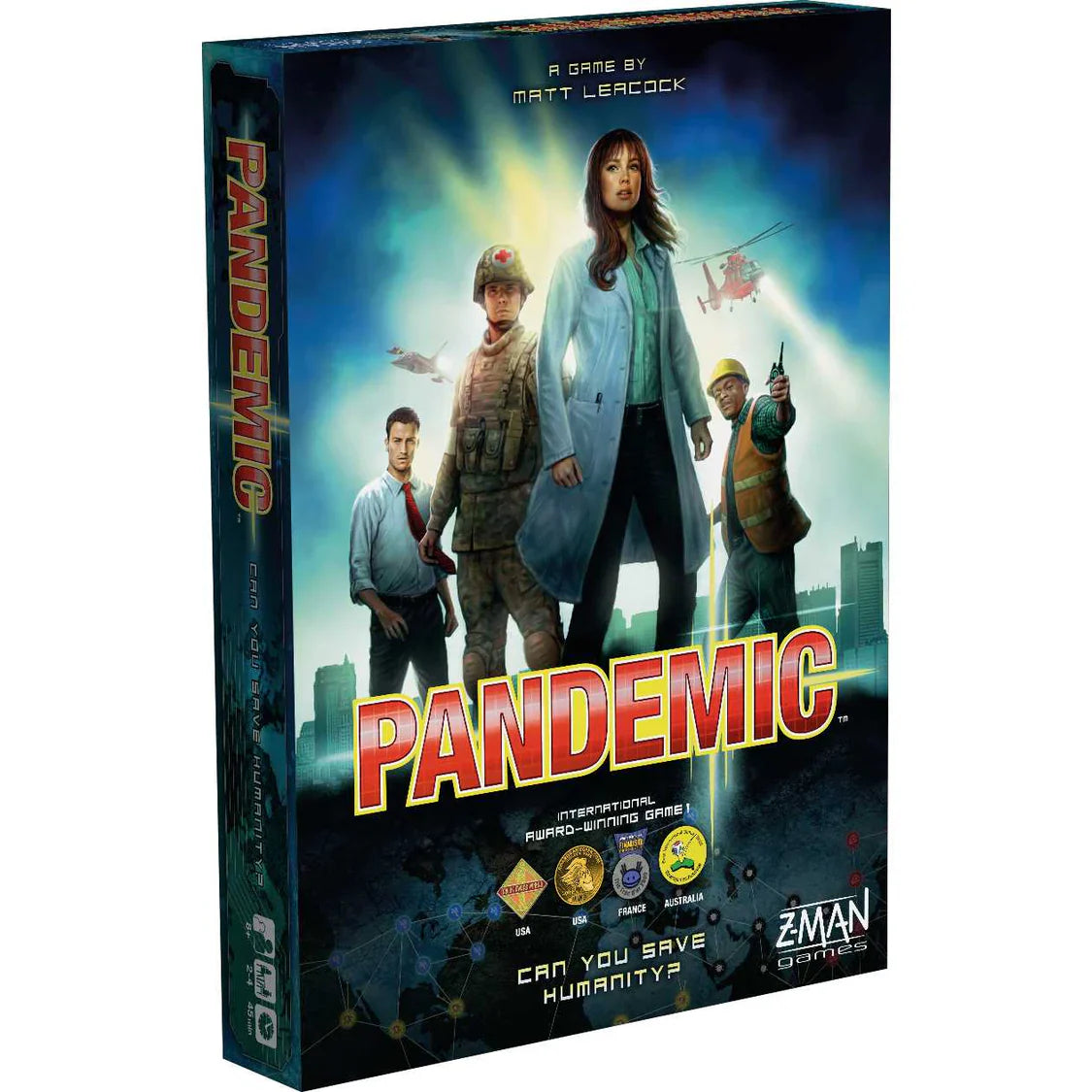 Board game box for 'Pandemic' featuring characters and cityscape