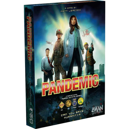 Board game box for 'Pandemic' featuring characters and cityscape