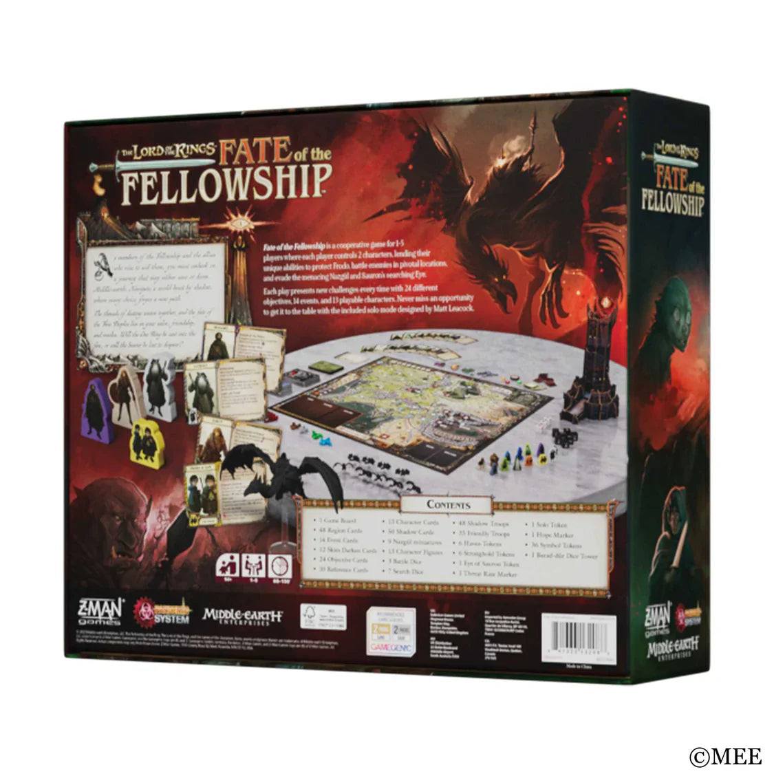 Board game box for 'The Lord of the Rings: Fate of the Fellowship' with game components on a white background