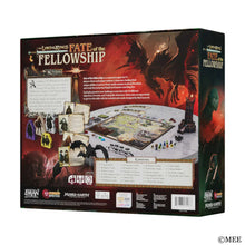 Board game box for 'The Lord of the Rings: Fate of the Fellowship' with game components on a white background