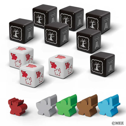 Set of black, white, and colored game pieces on a white background