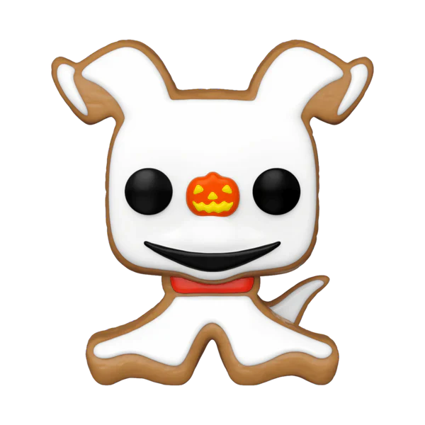 Halloween-themed Funko cookie with ghost face and pumpkin nose on a white background