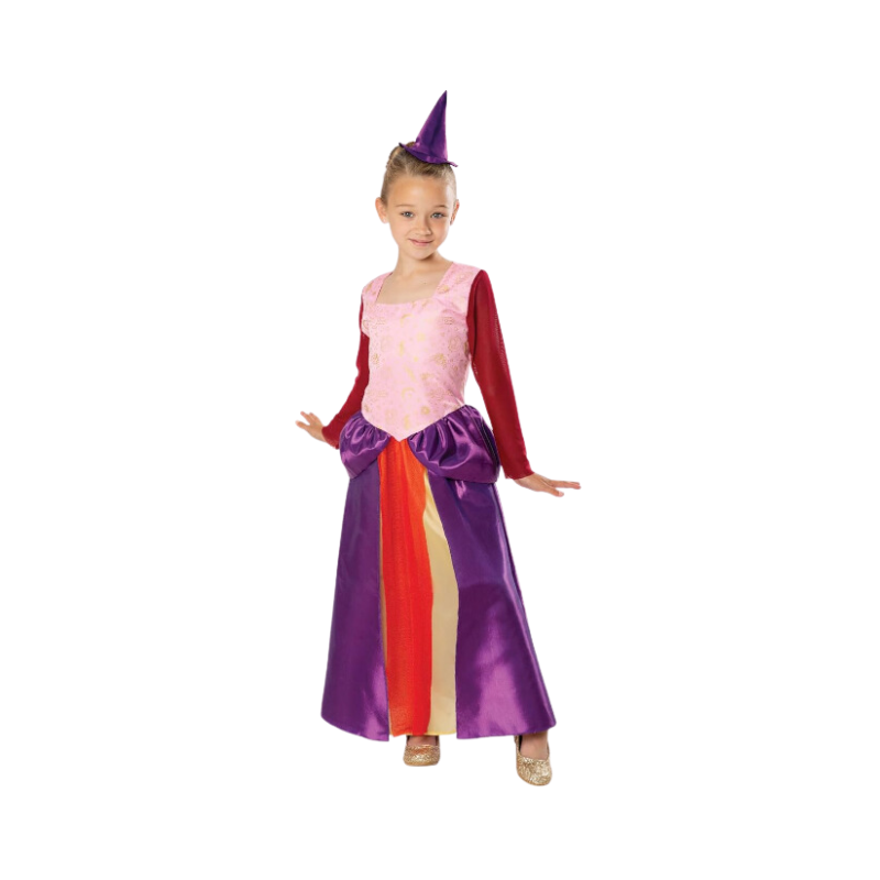 Child wearing a colorful costume with a pink top, purple skirt, and red sleeves on a white background